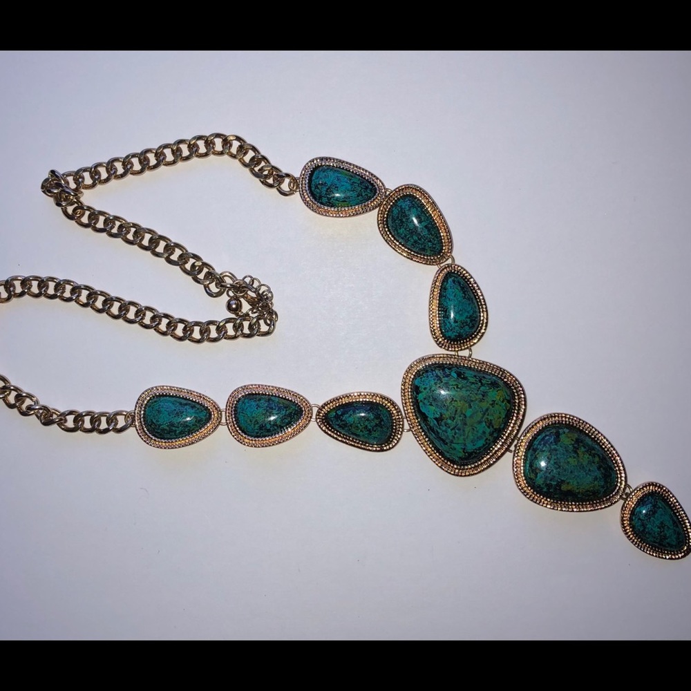 Green Turquoise Look Statement Gold Drop Necklace